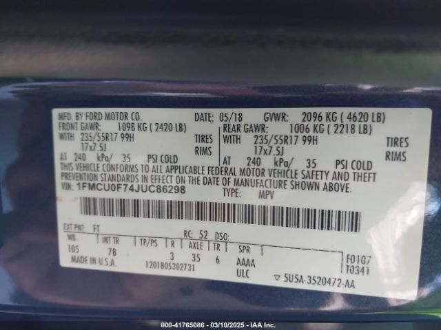 1FMCU0F74JUC86298 Ford ESCAPE S