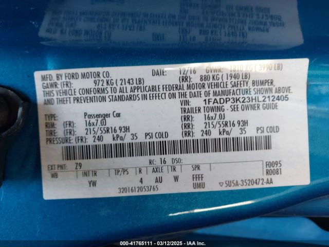 1FADP3K23HL212405 Ford FOCUS SE