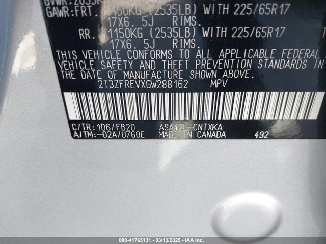 2T3ZFREVXGW288162 Toyota RAV4 LE