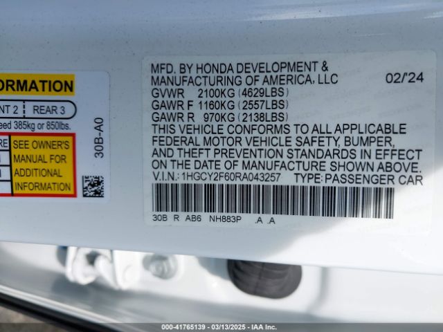 1HGCY2F60RA043257 Honda Accord Hybrid Ex-l