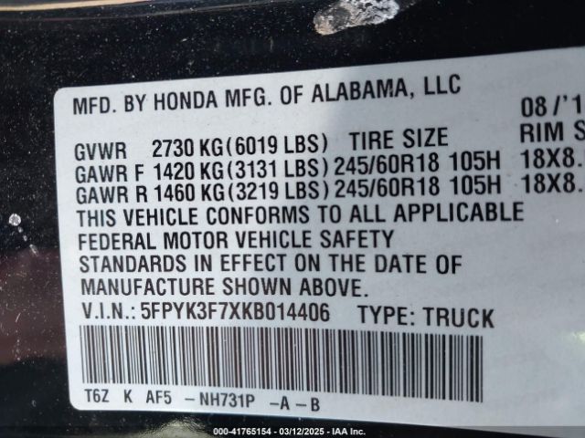 5FPYK3F7XKB014406 Honda Ridgeline Rtl-e