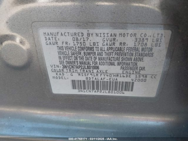 3N1CN7AP2JL801006 Nissan Versa 1.6 S