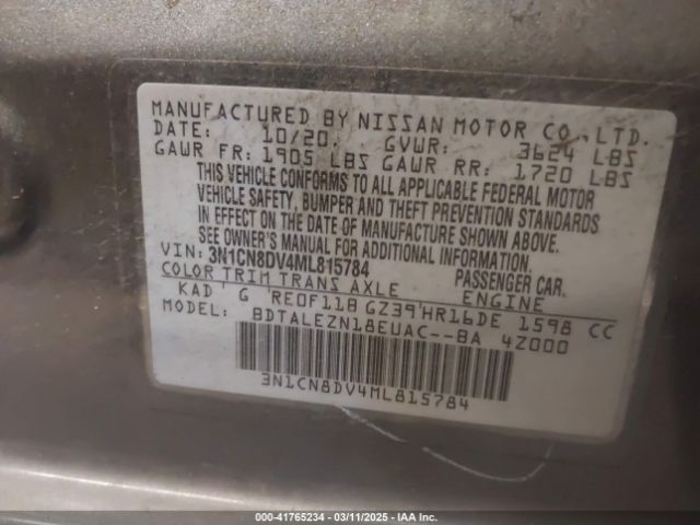 3N1CN8DV4ML815784 Nissan Versa S Xtronic Cvt