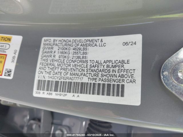 1HGCY2F62RA077717 Honda Accord Hybrid Ex-l