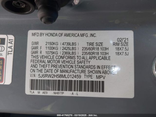 5J6RW2H58ML012459 Honda Cr-v Awd Ex