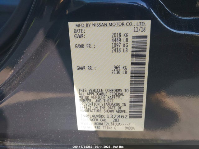 Nissan Altima 2.5 Sl 2019 1N4BL4EW8KC137862 Image 9