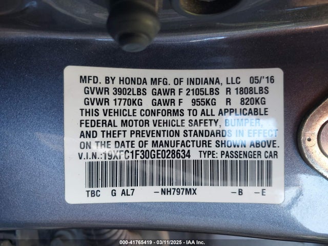 Honda Civic Ex-t 2016 19XFC1F30GE028634 Image 9