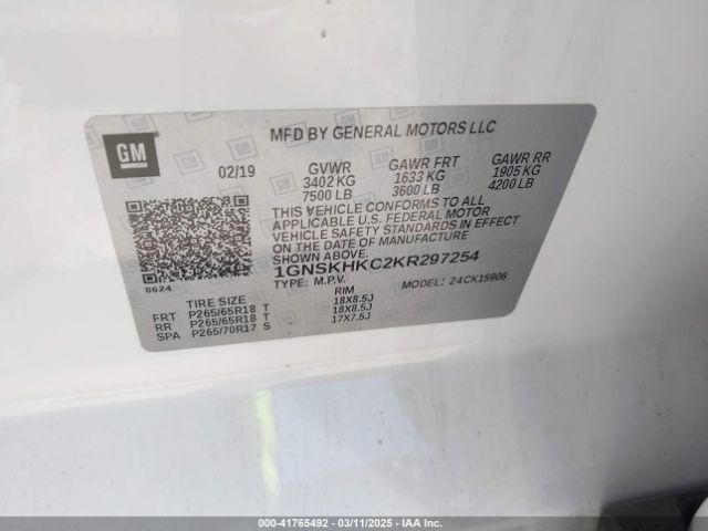 1GNSKHKC2KR297254 Chevrolet Suburban Lt