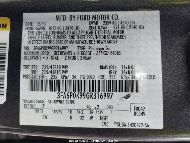 3FA6P0K99GR316997 Ford Fusion Titanium