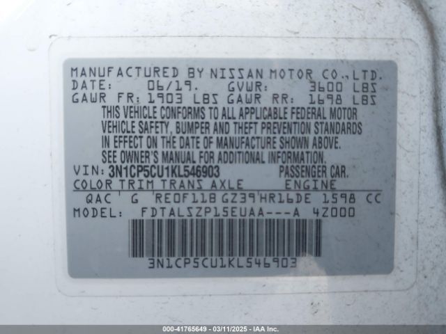 3N1CP5CU1KL546903 Nissan KICKS SV