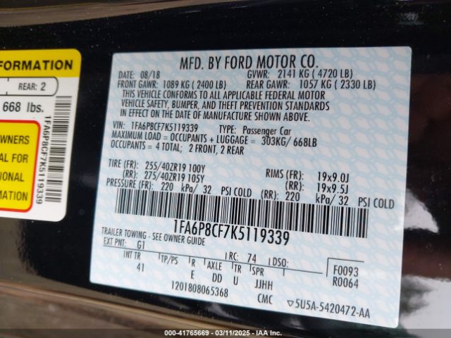 1FA6P8CF7K5119339 Ford Mustang Gt Premium
