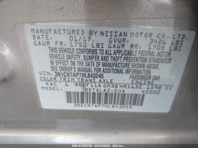 3N1CN7AP7HL843245 Nissan Versa 1.6 S+