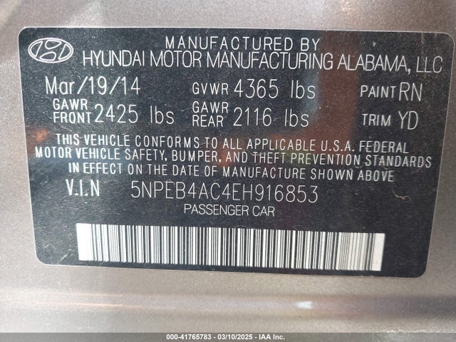5NPEB4AC4EH916853 Hyundai SONATA GLS
