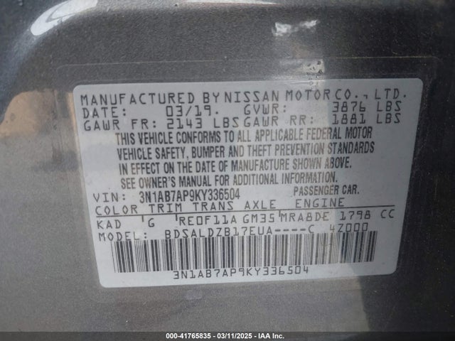 3N1AB7AP9KY336504 Nissan SENTRA SV