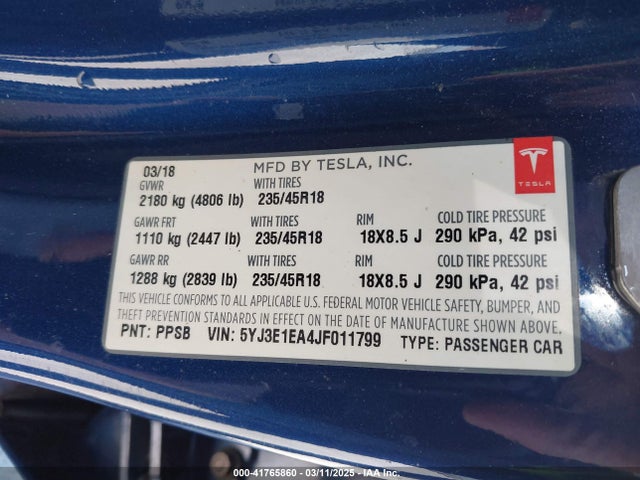 2018 TESLA MODEL 3 5YJ3E1EA4JF011799 Photo 8