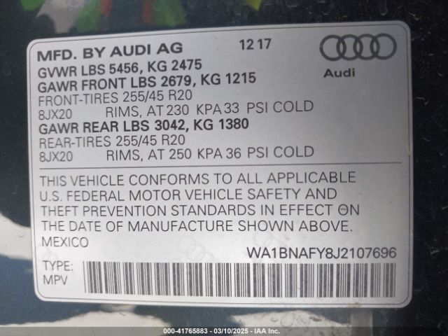WA1BNAFY8J2107696 Audi Q5 2.0t Premium/2.0t Tech Premium