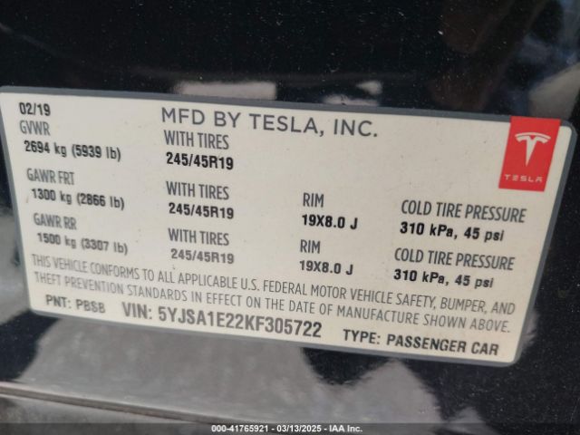 5YJSA1E22KF305722 Tesla Model S 100d/75d/long Range/standard Range