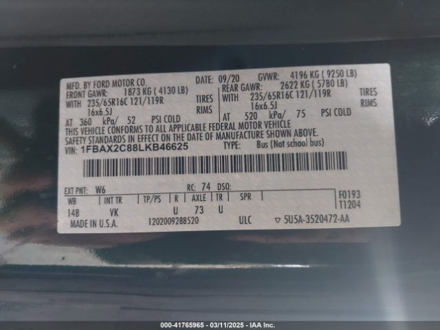 1FBAX2C88LKB46625 Ford Transit-350 Passenger Van Xl