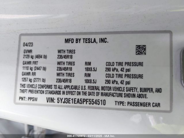 5YJ3E1EA5PF554510 Tesla Model 3 Rear-wheel Drive