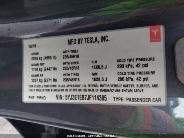 5YJ3E1EB7JF114305 Tesla Model 3 Long Range/performance