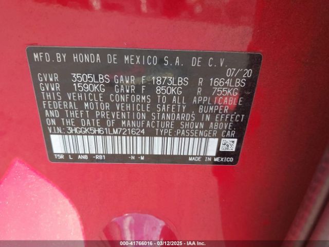 3HGGK5H61LM721624 Honda Fit Sport