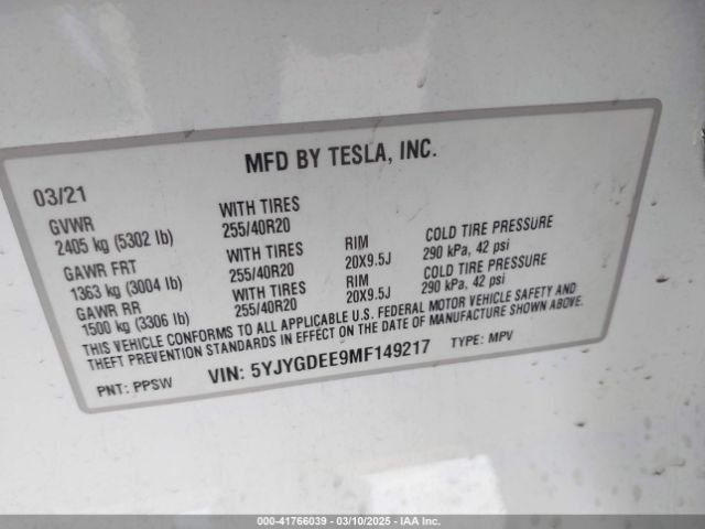 2021 TESLA MODEL Y 5YJYGDEE9MF149217 Photo 8