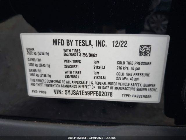 5YJSA1E59PF502078 Tesla Model S Dual Motor All-wheel Drive/standard Range