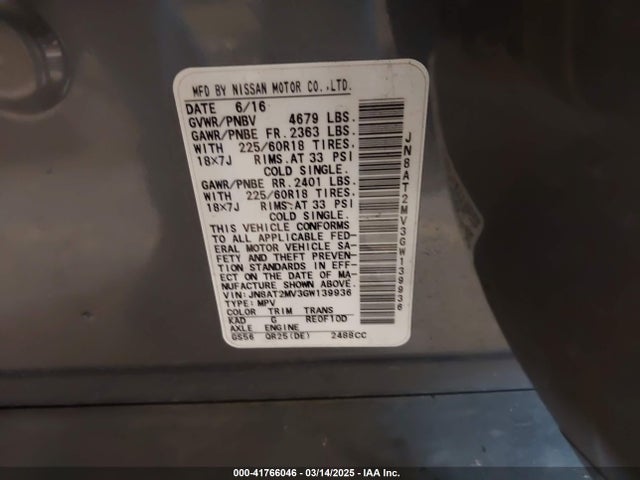 JN8AT2MV3GW139936 Nissan Rogue Sl