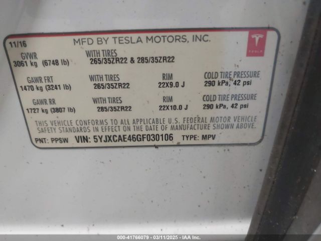 5YJXCAE46GF030106 Tesla Model X 60d/p100d/p90d