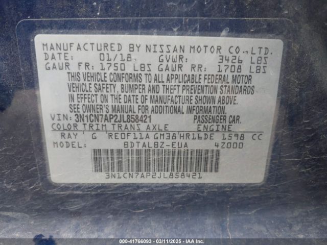 3N1CN7AP2JL858421 Nissan Versa 1.6 Sv