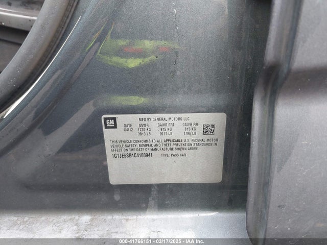 41766151 :رقم المزاد ، 1G1JE5SB1C4188941 vin ، 2012 Chevrolet Sonic 2lz مزاد بيع