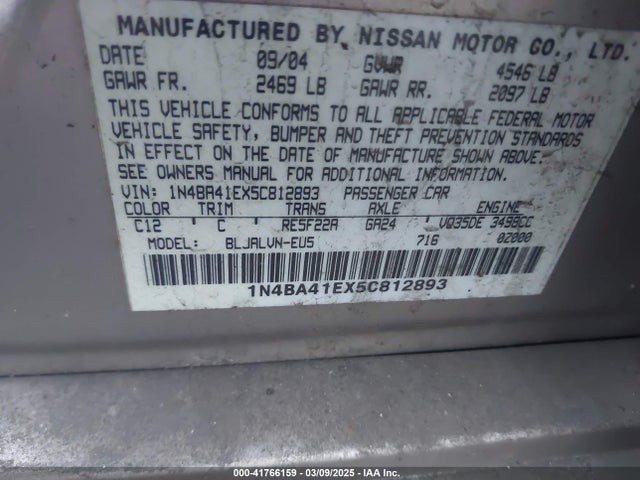 Продажа на аукционе авто 2005 Nissan Maxima 3.5 Sl, vin: 1N4BA41EX5C812893, номер лота: 41766159