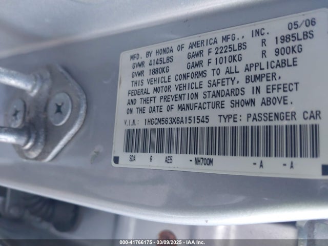 Aukcja sprzedaży 2006 Honda Accord 2.4 Se, vin: 1HGCM563X6A151545, numer aukcji: 41766175