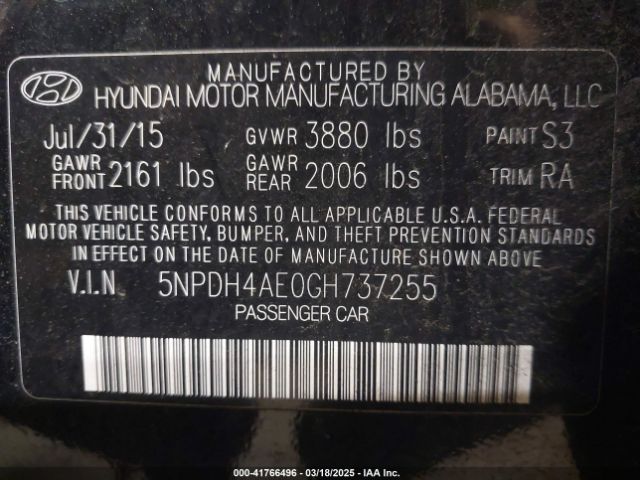 5NPDH4AE0GH737255 Hyundai ELANTRA SE