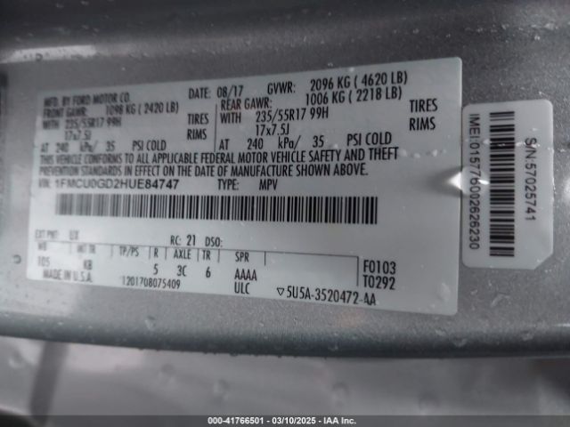 1FMCU0GD2HUE84747 Ford ESCAPE SE
