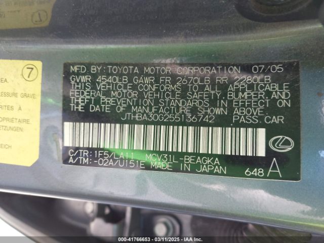 2005 LEXUS ES 330 JTHBA30G255136742 Photo 8