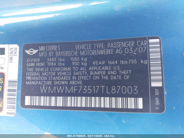 2007 MINI COOPER S WMWMF73517TL87003 Photo 8