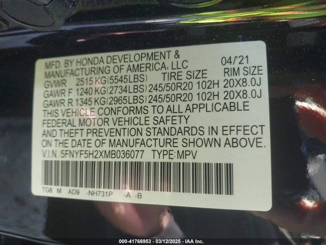Honda Pilot 2wd Special Edition 2021 5FNYF5H2XMB036077 Image 9