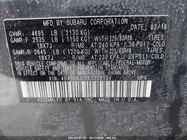 4S4BSAJC6K3328134 Subaru Outback 2.5i Limited