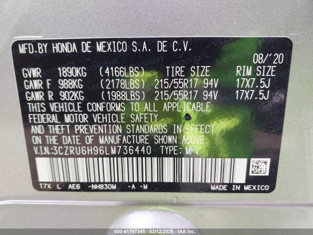3CZRU6H96LM736440 Honda Hr-v Awd Touring