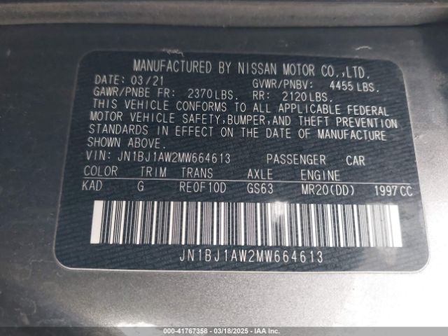 JN1BJ1AW2MW664613 Nissan Rogue Sport S Awd Xtronic Cvt