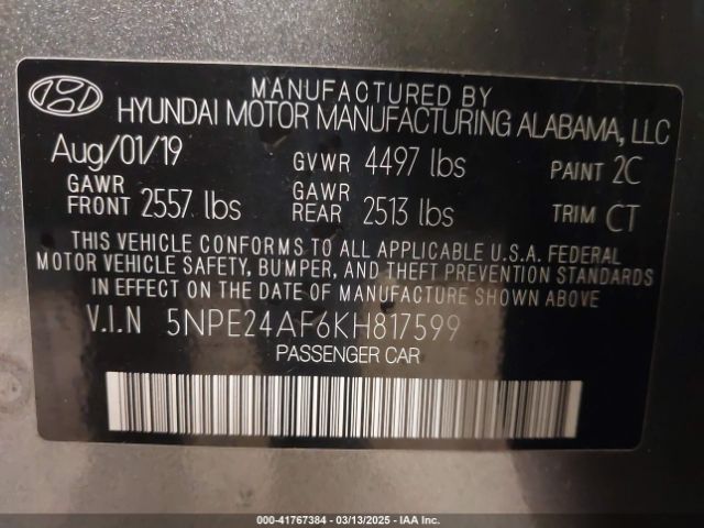 5NPE24AF6KH817599 Hyundai SONATA SE
