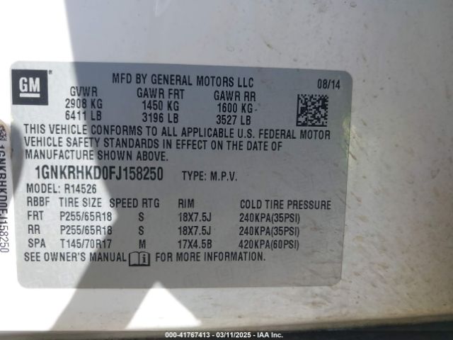 1GNKRHKD0FJ158250 Chevrolet Traverse 2lt