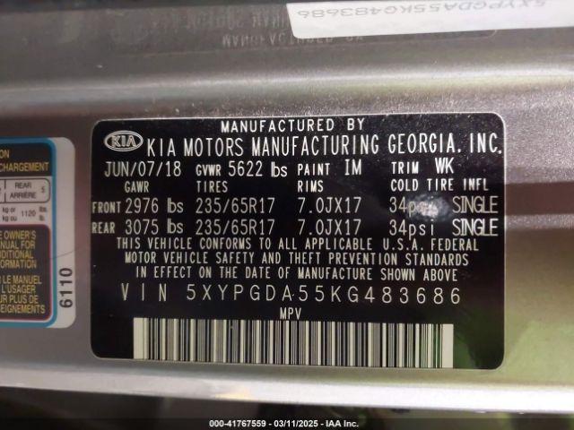 5XYPGDA55KG483686 KIA Sorento 3.3l Lx