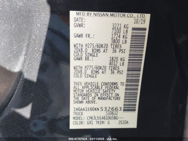 1N6AA1E60KN532663 Nissan TITAN SV