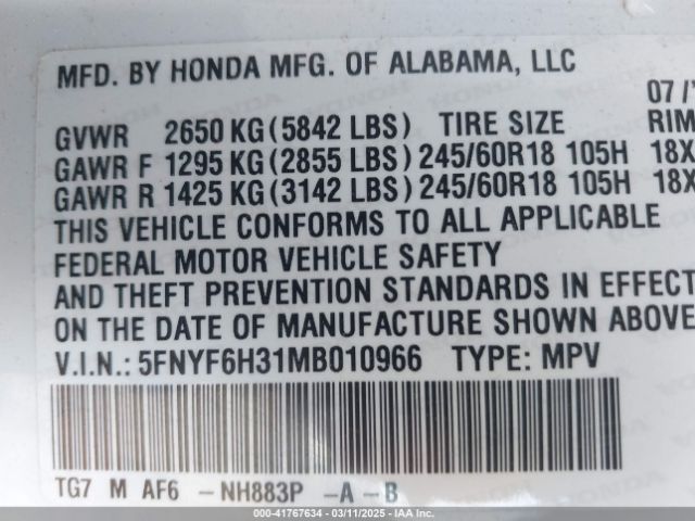 5FNYF6H31MB010966 Honda Pilot Awd Ex