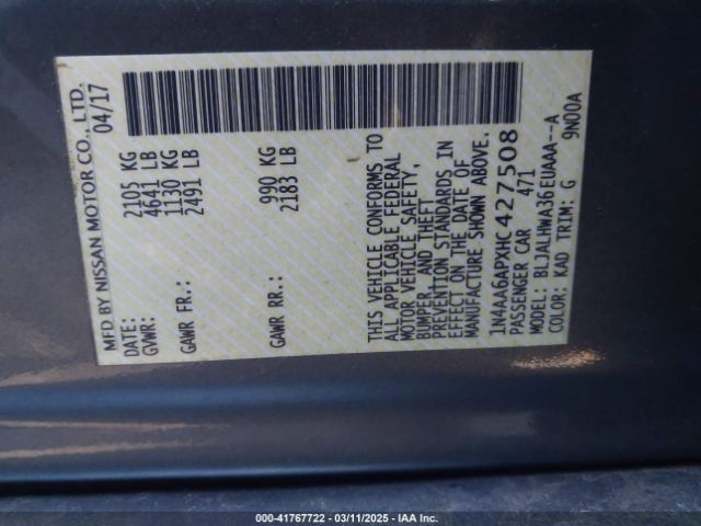 1N4AA6APXHC427508 Nissan Maxima 3.5 Platinum