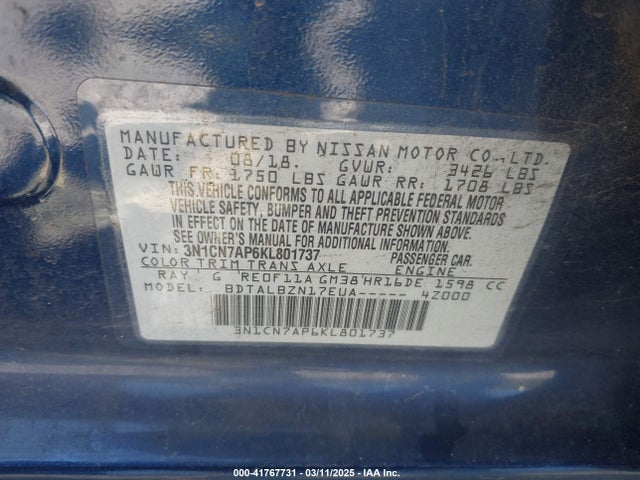 3N1CN7AP6KL801737 Nissan Versa 1.6 Sv