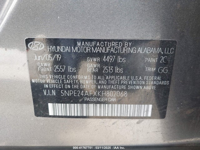 5NPE24AFXKH802068 Hyundai SONATA SE