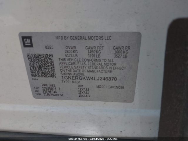 1GNERGKW4LJ246870 Chevrolet Traverse Fwd Lt Cloth